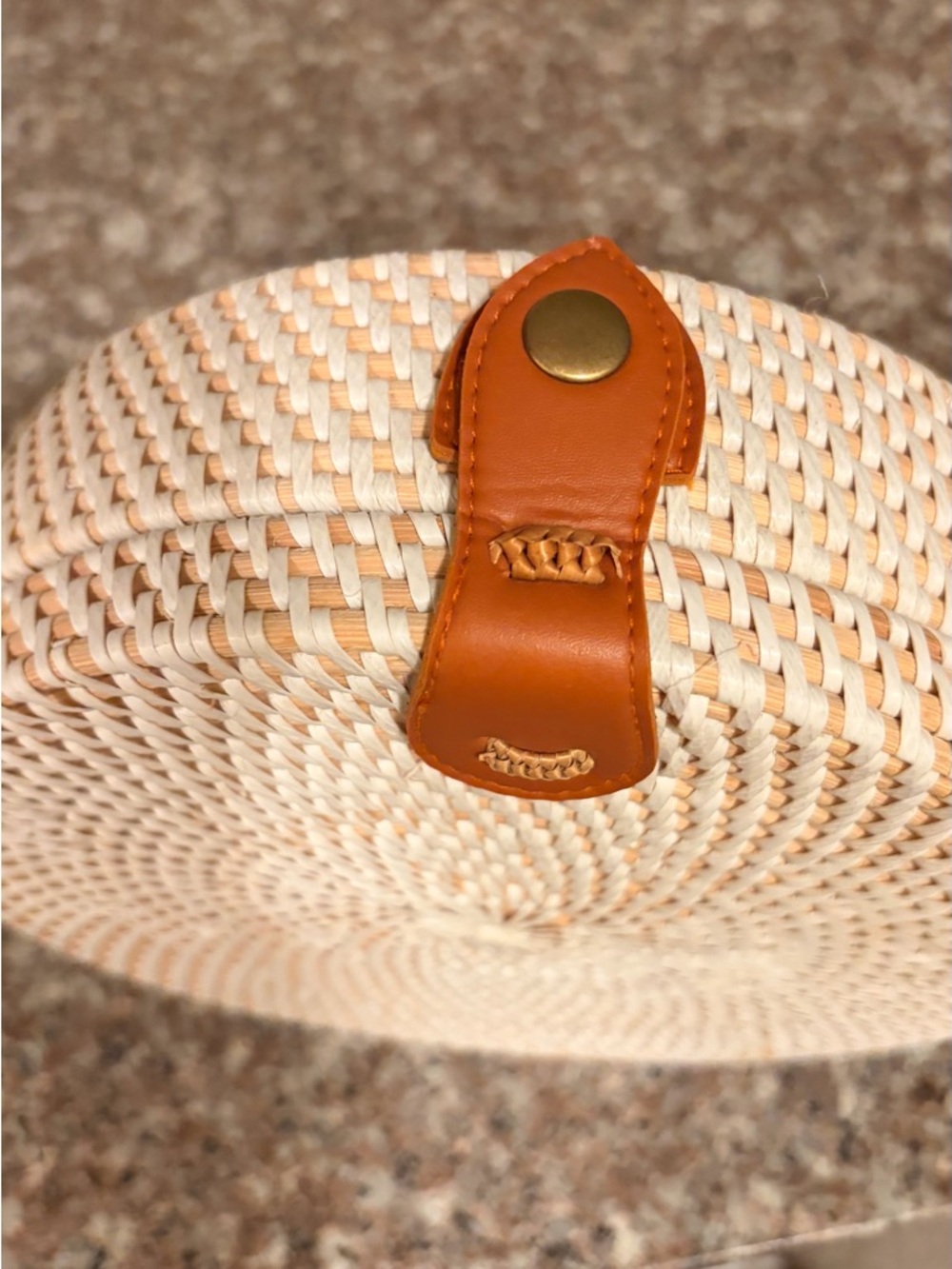 Bali 8” diameter Cream Woven Round Mini Bag with Brown leather Strap - Picture 4 of 6